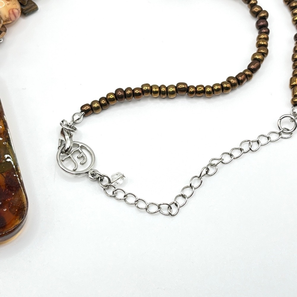 Erica Lions Brown Millefiori Style Glass Pendant Beaded Necklace 20" - Picture 8 of 14